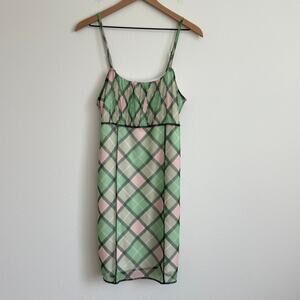 Vintage Justify/Rue 21 Pink Green Plaid Mesh Slip Dress Fairycore Coquette Y2K L